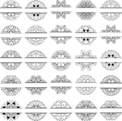 Non Generative AI Images. Set of 25 Split Mandala Vector, decorative, symmetrical, perfect for monograms, logos, engravings, stickers, printing, and digital art.