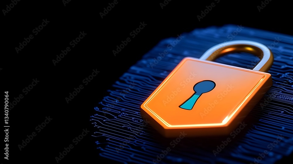 Poster digital security concept with orange padlock on circuit board background in dark environment