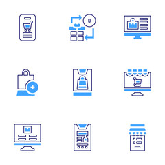 Ecommerce icon set. Bold line style. Duotone colors. Editable stroke. bag, computer, online shopping, buy online, coupon, gift