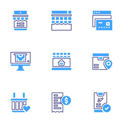 Ecommerce icon set. Bold line style. Duotone colors. Editable stroke. bill, location, online booking, shopping, online store, online shopping, online payment