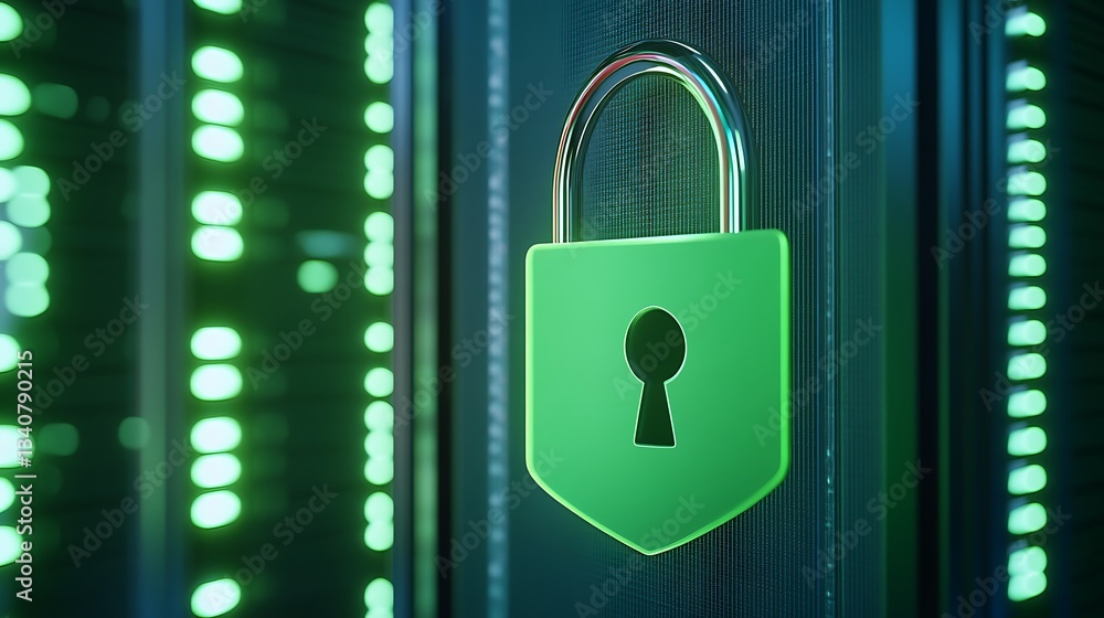 Poster digital security concept with padlock on data server background representing cybersecurity and prote