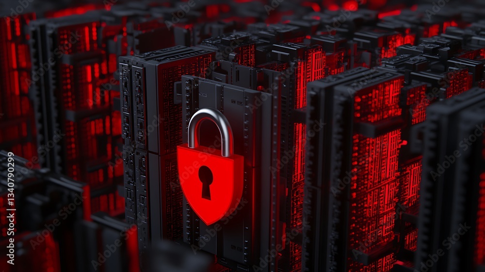 Poster digital security concept with padlock surrounded by server racks and red neon lights in futuristic e