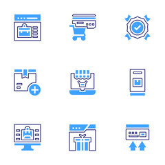 Ecommerce icon set. Bold line style. Duotone colors. Editable stroke. ecommerce, box, credit card, quality control, list, online shopping, transfer