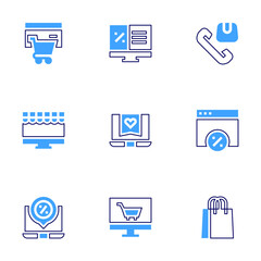 Ecommerce icon set. Bold line style. Duotone colors. Editable stroke. ecommerce, customer support, online shopping, discount, laptop, wishlist, shopping bag