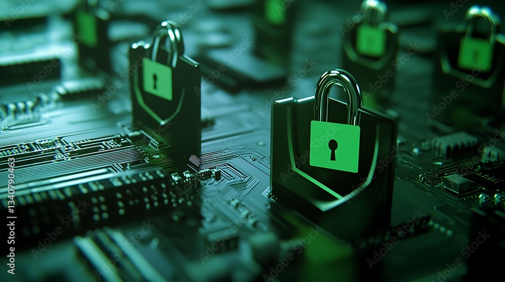 Poster digital security concept with padlocks on circuit board representing data protection and technology 