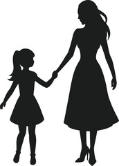 Elegant Mother and Daughter Holding Hands - Silhouette Vector Illustration