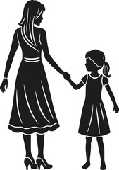Elegant Mother and Daughter Holding Hands - Silhouette Vector Illustration