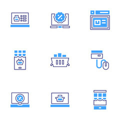 Ecommerce icon set. Bold line style. Duotone colors. Editable stroke. laptop, ecommerce, shopping basket, shopping cart, online payment, web page, sale