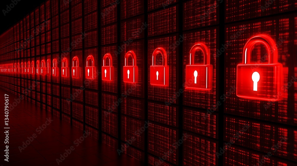 Poster digital security concept with red lock icons on a high-tech background for cybersecurity and data pr