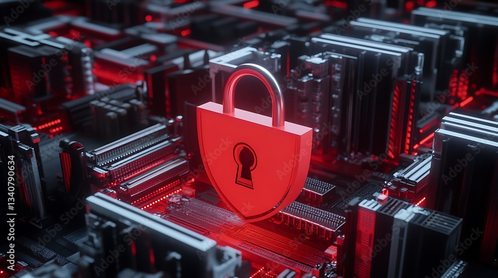 Poster digital security concept with red lock icon over circuit board and technology background in futurist