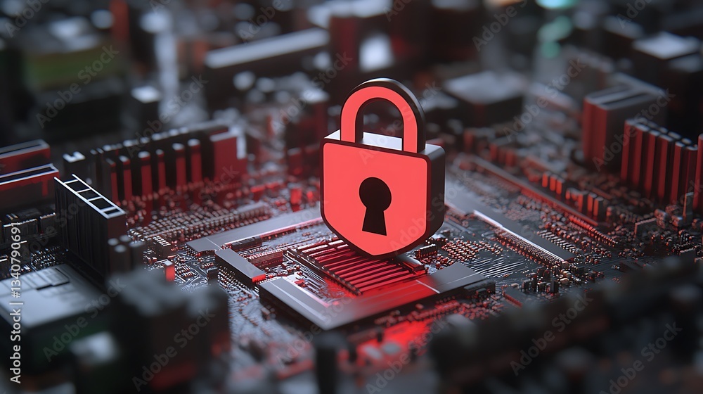 Poster digital security concept with red lock on circuit board representing cybersecurity and data protecti