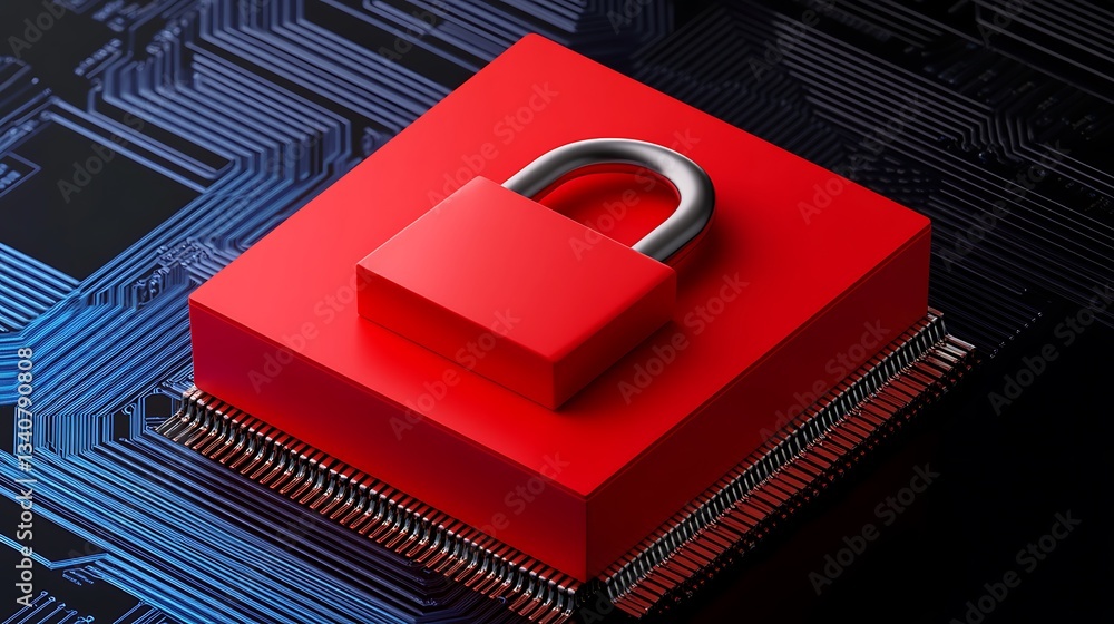 Poster digital security concept with red lock on computer chip representing data protection and cybersecuri
