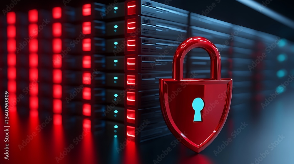 Poster digital security concept with red lock symbol in front of data servers and futuristic technology bac