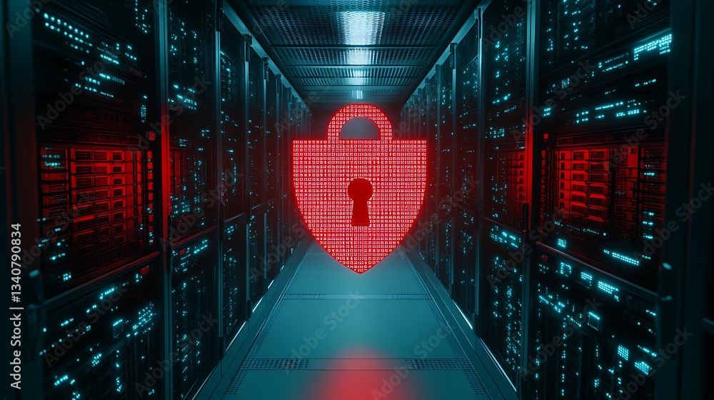 Poster digital security concept with red lock symbol in data center environment for cybersecurity themes
