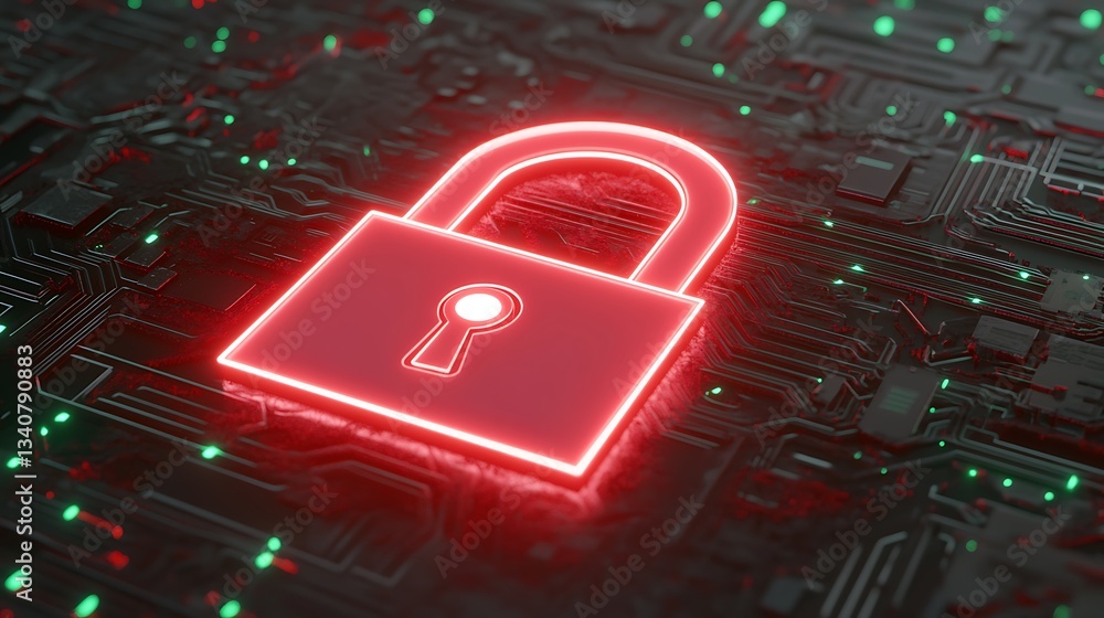 Poster digital security concept with red lock symbol on circuit board background representing cyber protect