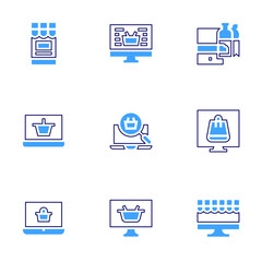 Ecommerce icon set. Bold line style. Duotone colors. Editable stroke. online shopping, laptop, shopping basket, shopping online, online shop, online store, search