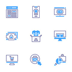 Ecommerce icon set. Bold line style. Duotone colors. Editable stroke. online shopping, website, money, ecommerce, delivery box, click, ticket, online order