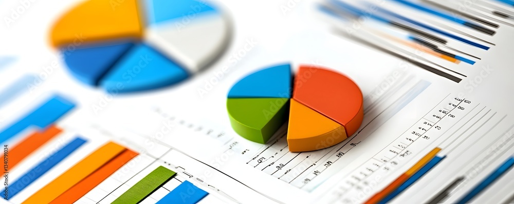 Poster colorful pie charts and bar graphs on a financial report highlight data analysis and strategic plann