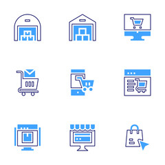 Ecommerce icon set. Bold line style. Duotone colors. Editable stroke. warehouse, shopping cart, webpage, shopping online, online shop, online payment, buy