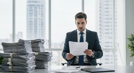 Fototapeta premium Stressed businessman overwhelmed by paperwork in modern office setting. Explore the challenges of managing large volumes of documents at work.