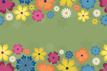 Seamless vector pattern border banner with green blue red orange flowers.