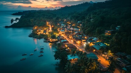 Serene Coastal Village at Dusk with Glowing Lights and Calm Waters