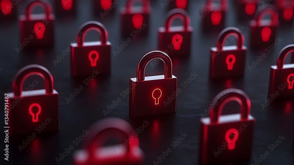 Poster digital security concept with red padlocks representing data protection and cybersecurity risks in t