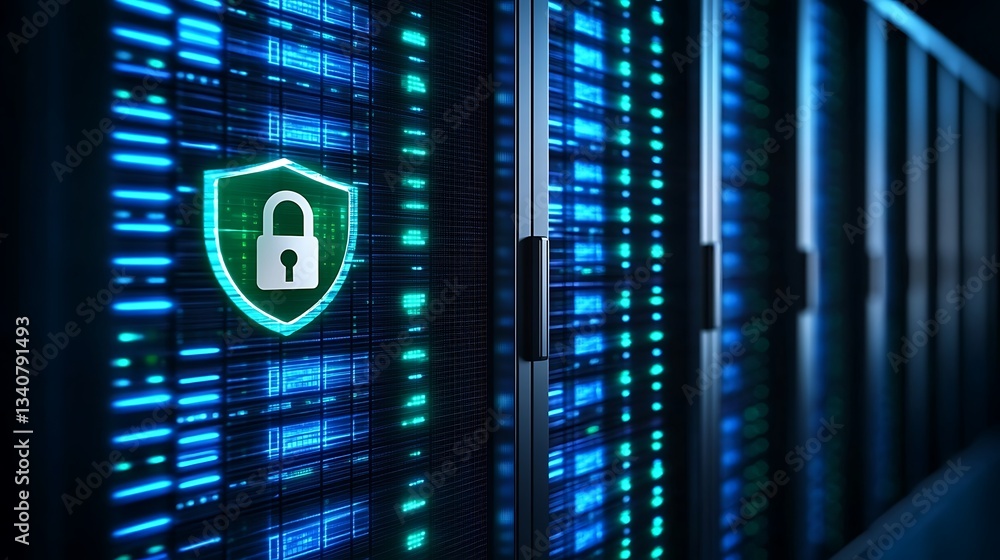 Poster digital security concept with server racks and lock icon for data protection and cybersecurity theme
