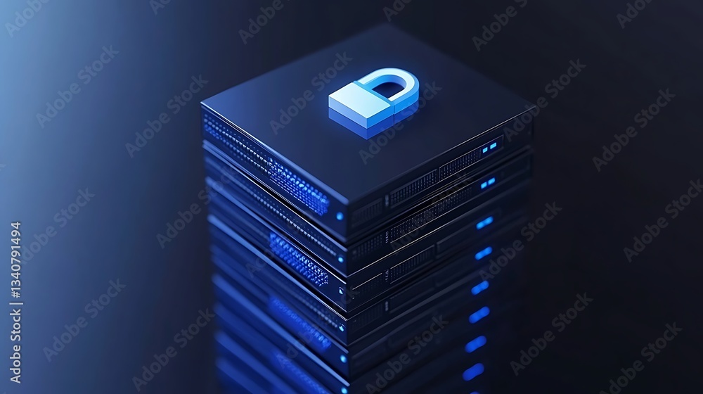 Poster digital security concept with server stack and blue lock icon for technology and cyber protection th