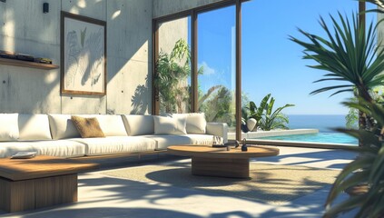 Fototapeta premium A modern living room with outdoor view and swimming pool