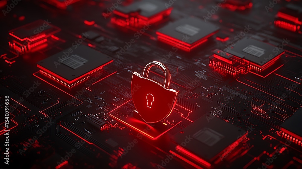 Aufkleber digital security concept with shield lock and microchip background in red neon glow effect