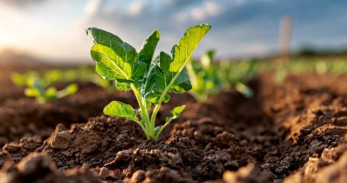 Close up of a young green plant growing in brown soil in a field. The background has more plants and a blue cloudy sky with the sun shining. The shot has a shallow depth of field