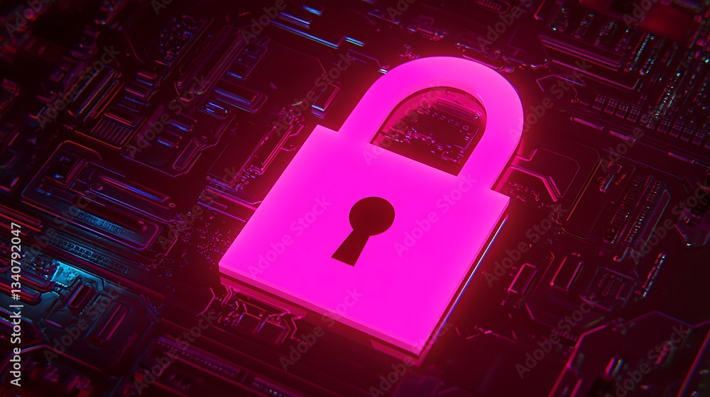 Poster digital security lock concept with neon effects on circuit board background representing protection 