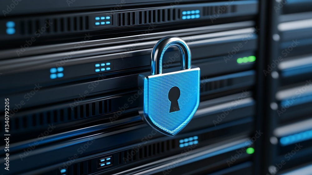 Poster digital security lock on data server in modern data center representing cyber protection and safety 