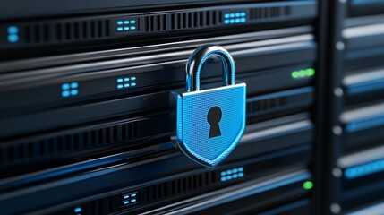 Obraz premium Digital Security Lock on Data Server in Modern Data Center Representing Cyber Protection and Safety Measures