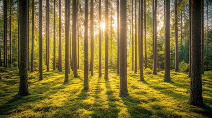 Fototapeta premium Golden Glow of Sunset Illuminating Tall Trees in a Quiet Forest Space