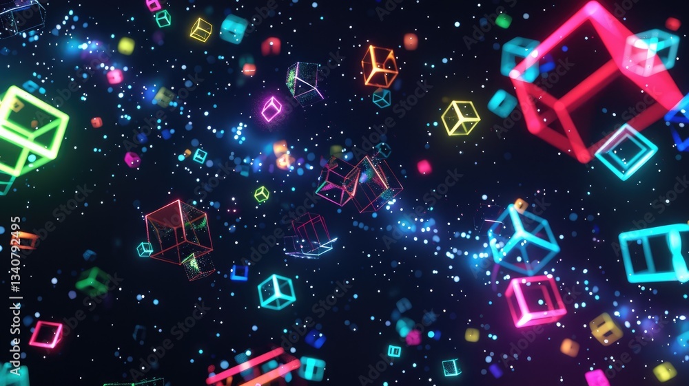 Aufkleber abstract chaotic and energetic of mixed digital style cube object, burst of colorful light pattern i