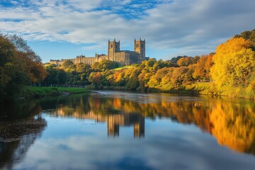 Fototapeta premium Durham Cathedral. Autumn Reflections in River Wear. North England Cityscape