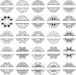 Non Generative AI Images. Set of 25 Split Mandala Vector, decorative, symmetrical, perfect for monograms, logos, engravings, stickers, printing, and digital art.