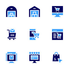 Ecommerce icon set. Bold style. Duotone colors. warehouse, shopping cart, webpage, shopping online, online shop, online payment, buy