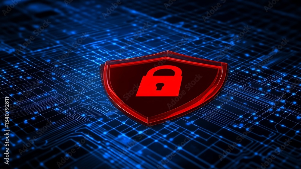 Poster digital security shield icon on abstract technology background representing data protection and cybe