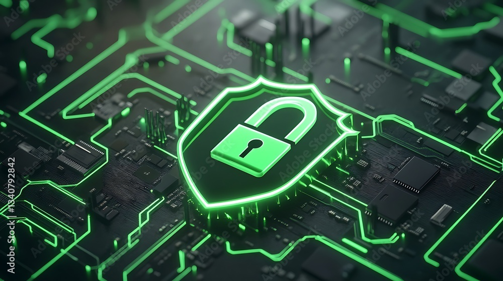 Poster digital security shield icon on circuit board design representing cyber protection and data safety c