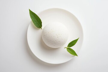 Minimalist culinary presentation white idli on plate adorned with vibrant green leaves modern food concept