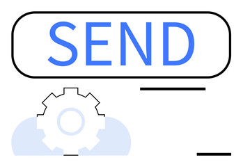 Large Send button with gear symbol representing process and automation. Ideal for email, communication, workflow, technology, teamwork, setup, efficiency. Flat simple metaphor