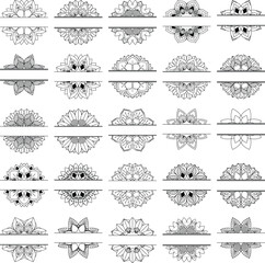 Non Generative AI Images. Set of 25 Split Mandala Vector, decorative, symmetrical, perfect for monograms, logos, engravings, stickers, printing, and digital art.