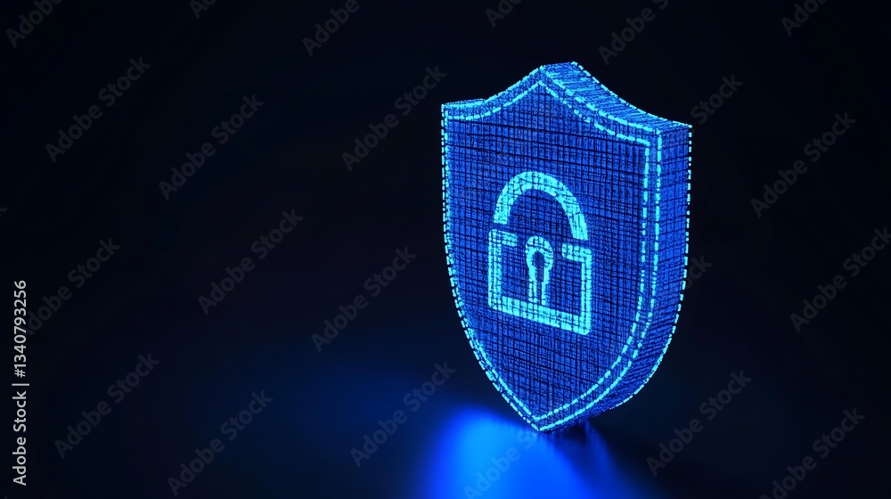 Poster digital shield icon representing cybersecurity and data protection in a futuristic style