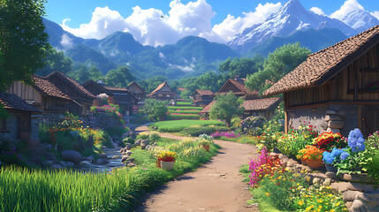 Anime countryside village, peaceful scenery.