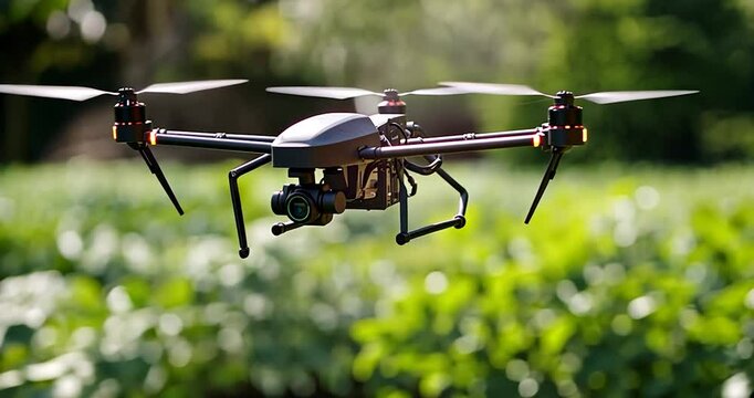 Black drone hovering mid-air with blades spinning against a blurred green foliage backdrop under natural sunlight