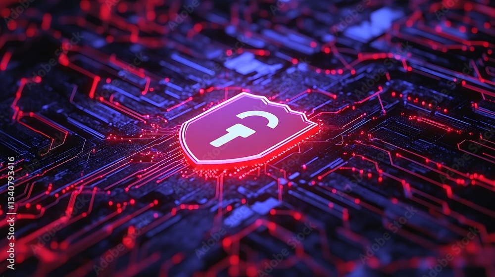 Aufkleber digital shield security concept with circuit board design and neon glow for cyber protection and def