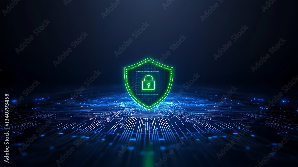 Poster digital shield with lock icon representing cybersecurity and data protection on futuristic circuit b